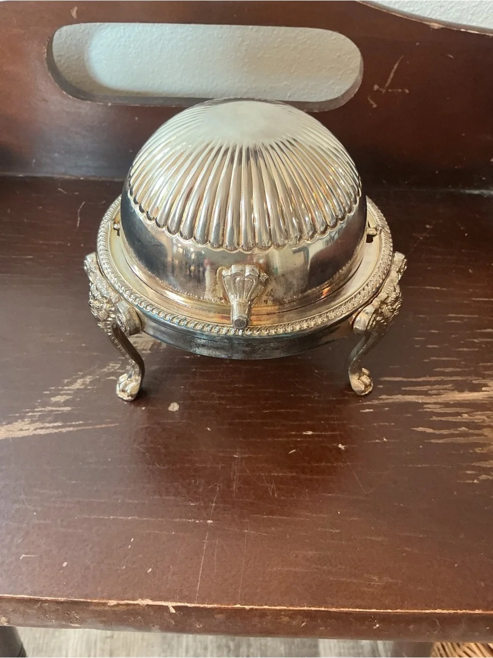 Vintage Silver Plate Roll Top Lid Caviar Butter Dish Server Lion Heads Claw Feet